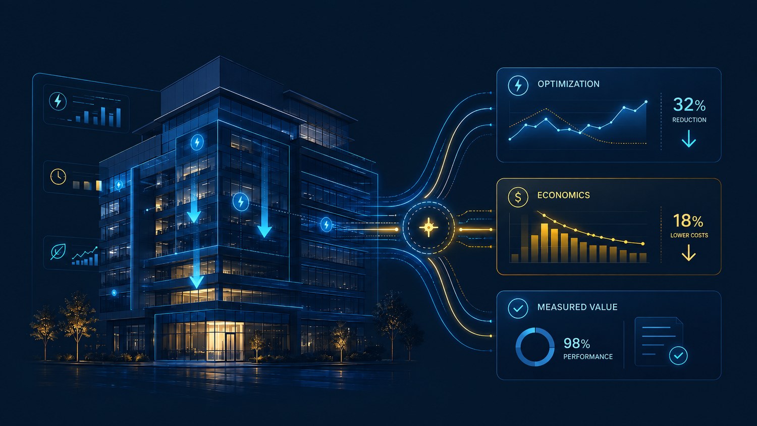 Commercial building connected to optimization, electricity economics and measured-value dashboards.